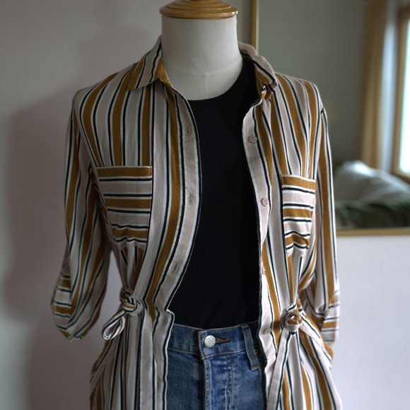 "Straight Lash" Tie and Button up Dress.  Striped Brown, Black, White, and Tan. - Picture 6 of 9